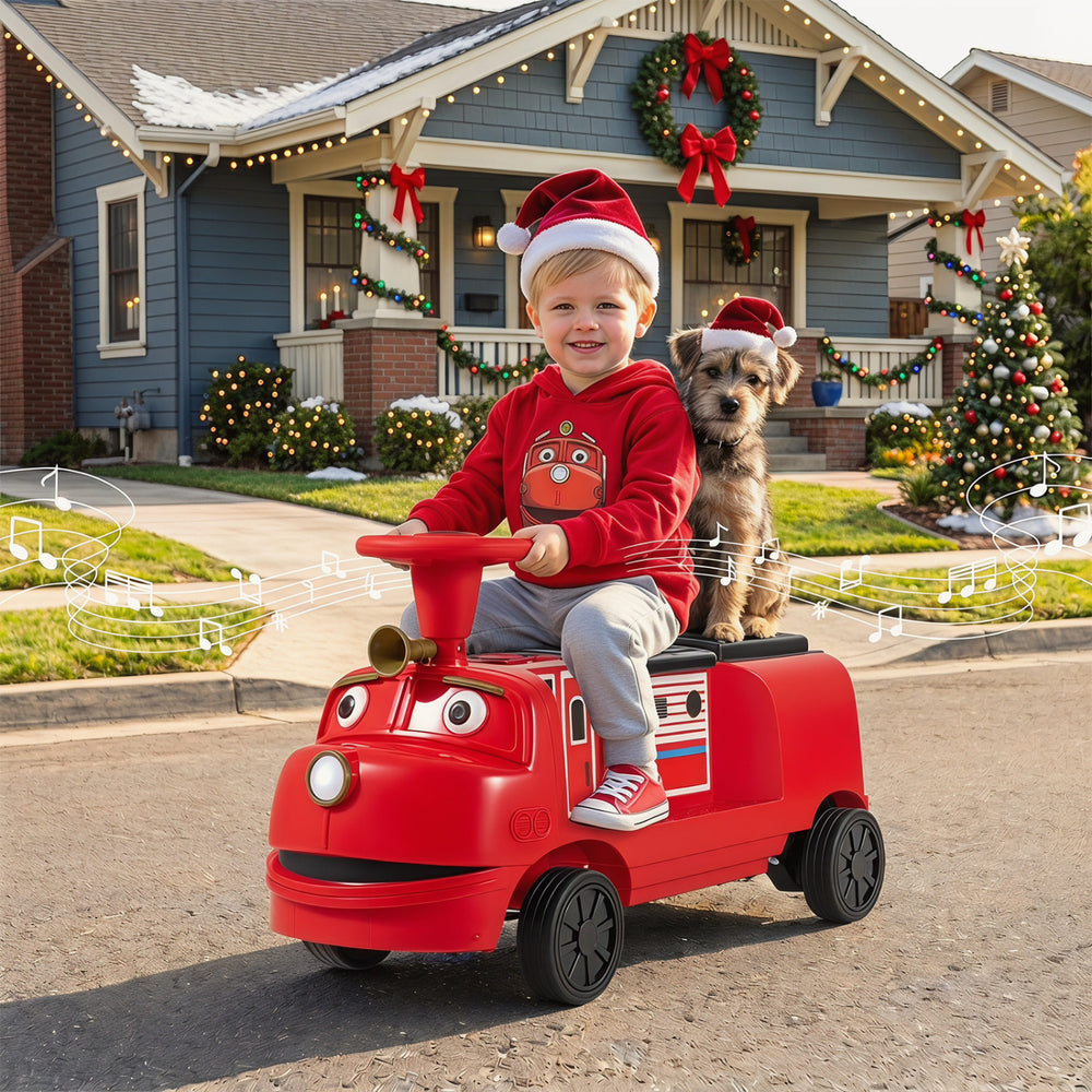 Bright red 12V kids ride-on train with adjustable seat and music, perfect for outdoor fun and imaginative play.