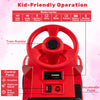 Red 12V kids ride-on train with adjustable seat, media center, and easy control panel for ages 3-6.