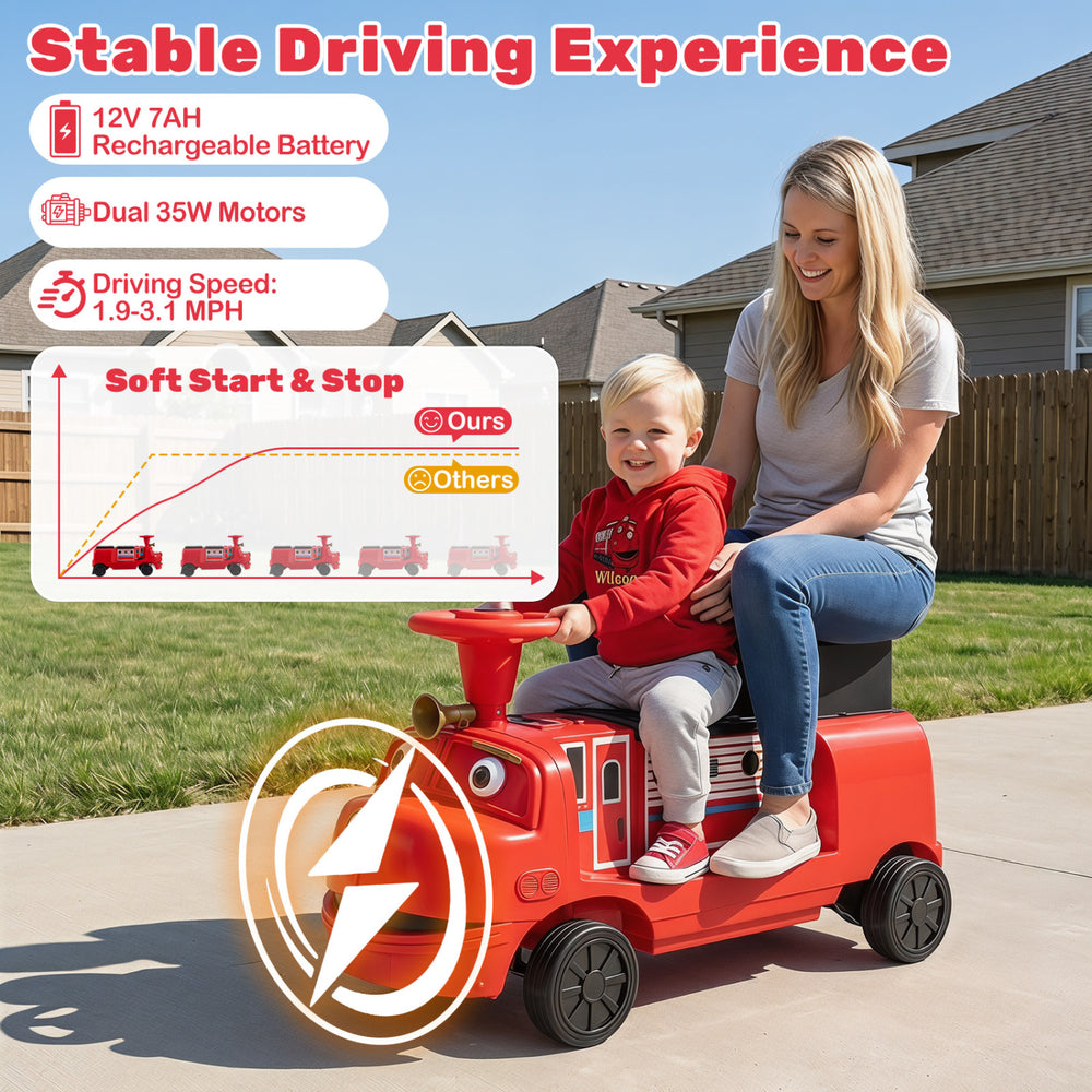 Red 12V 2-seater kids ride-on train with adjustable seat, music features, and soft start/stop for safe driving fun.