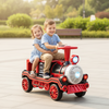 Two kids enjoying a 12V red ride-on toy train with removable chair, featuring lights and sounds for fun outdoor play.