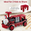 Red 12V 2-seater ride-on toy train with removable chair, ideal for kids, featuring sound, lights, and anti-skid wheels.