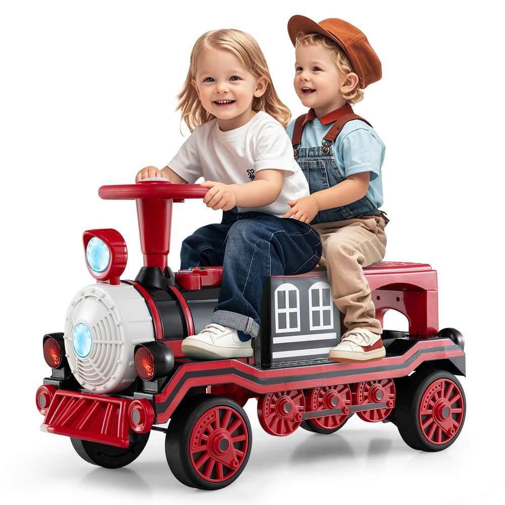 Two children enjoying the 12V red ride-on toy train with removable chair, featuring sound buttons and anti-skid wheels.