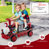 Two children riding the red 12V 2-seater toy train with removable chair, featuring sound buttons and anti-skid wheels.