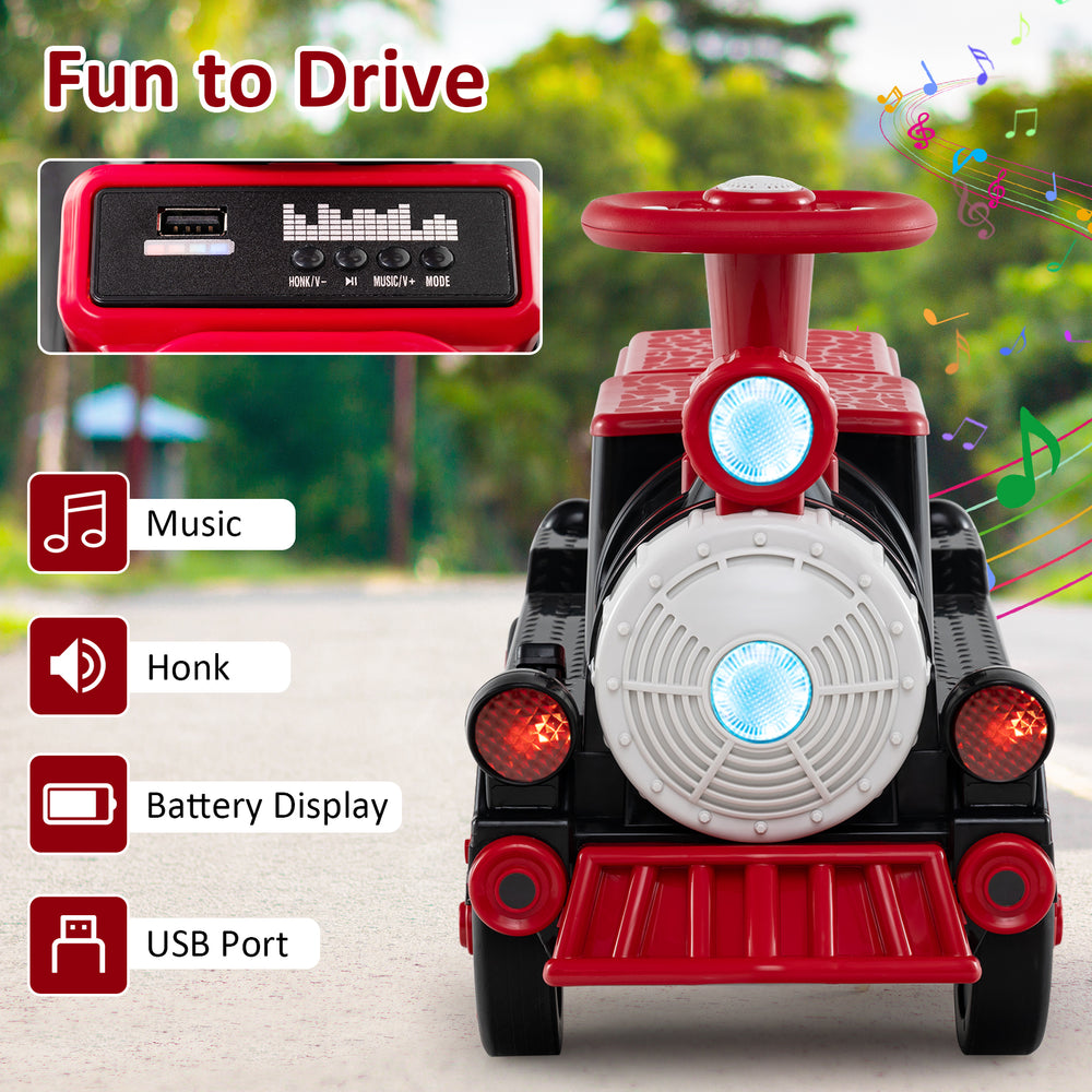 Red 12V 2-seater ride-on toy with train whistle, USB port, and sound buttons for kids aged 3-8 years.