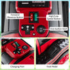 Control panel of the 12V 2-seater ride-on toy in red, featuring speed buttons, charging port, and foot pedal for kids.