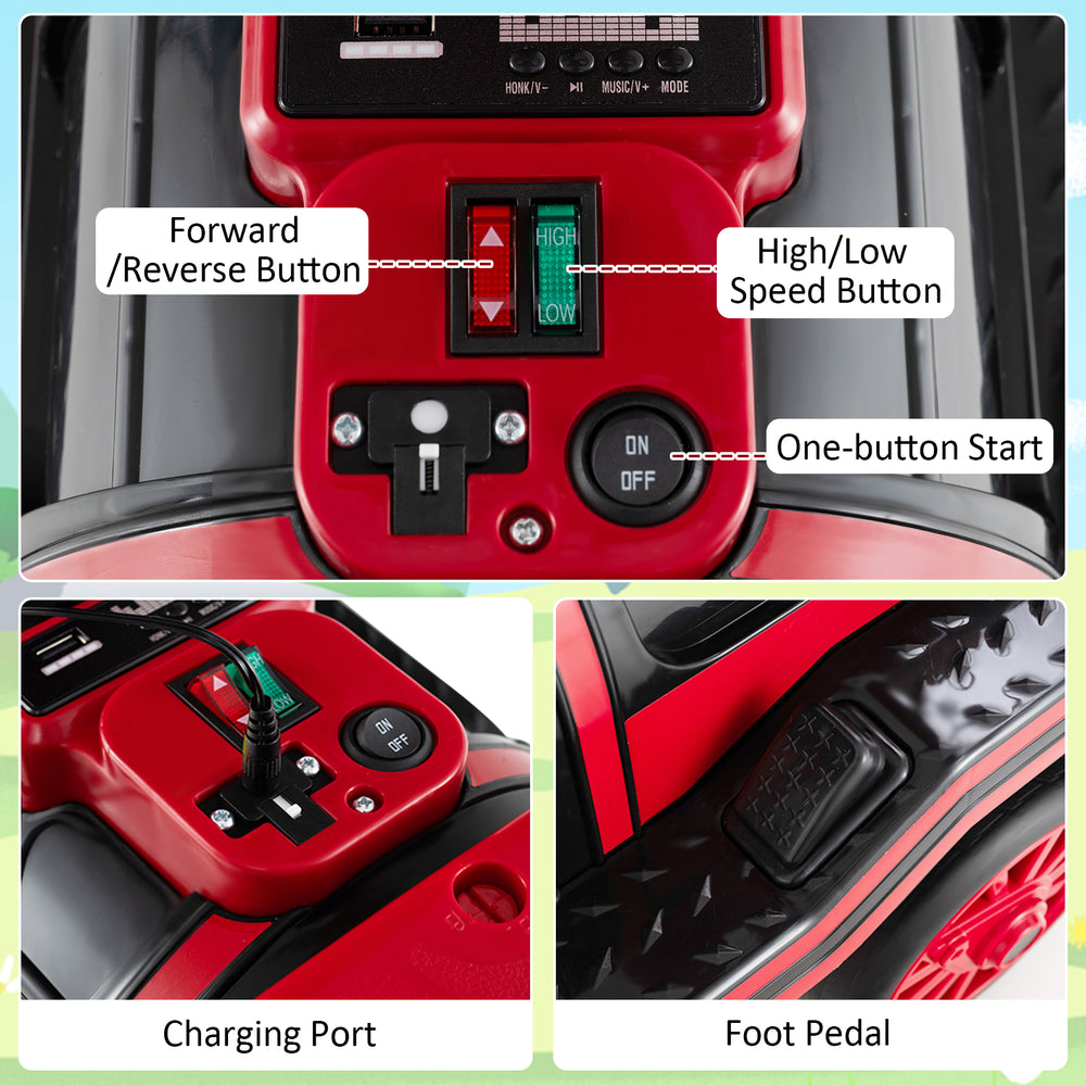 Control panel of the 12V 2-seater ride-on toy in red, featuring speed buttons, charging port, and foot pedal for kids.