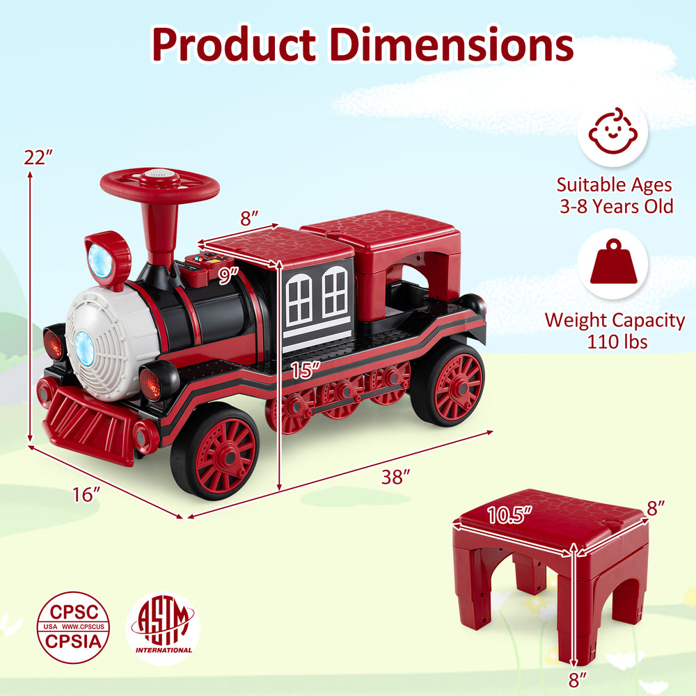 Red 12V 2-seater ride-on toy train with removable chair, designed for kids aged 3-8, featuring anti-skid wheels.