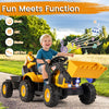 Kids ride-on tractor in yellow with detachable trailer, adjustable shovel, and built-in music for fun outdoor play.