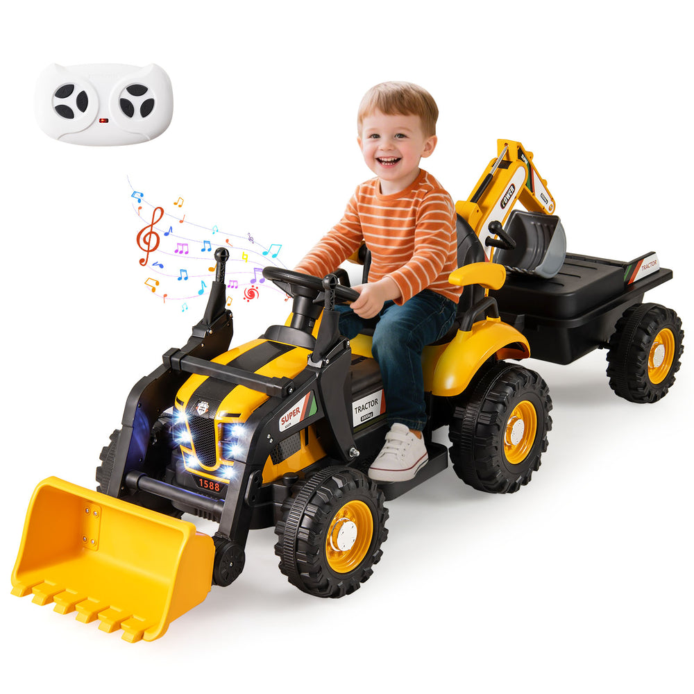 Kids ride-on tractor with detachable trailer, adjustable shovel, and remote control for fun outdoor adventures.