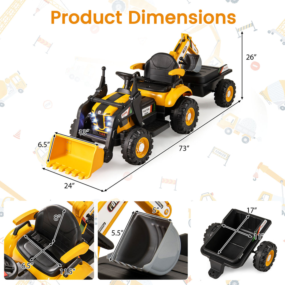 4-in-1 kids ride-on tractor in yellow with adjustable shovel, detachable trailer, and remote control for fun outdoor.