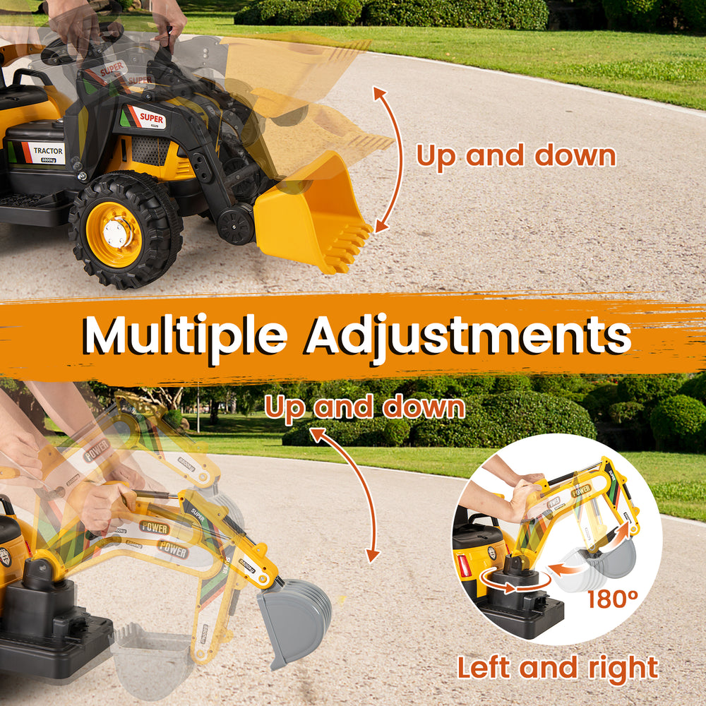4-in-1 kids ride-on tractor with adjustable shovel and digger, featuring remote control and detachable trailer for fun.