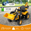 Kids ride-on tractor in yellow with adjustable shovel, detachable trailer, and remote control for ages 3-8 years.