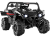 Battery-powered electric vehicle in black with LED headlights, remote control, and adjustable seat for kids aged 3+.