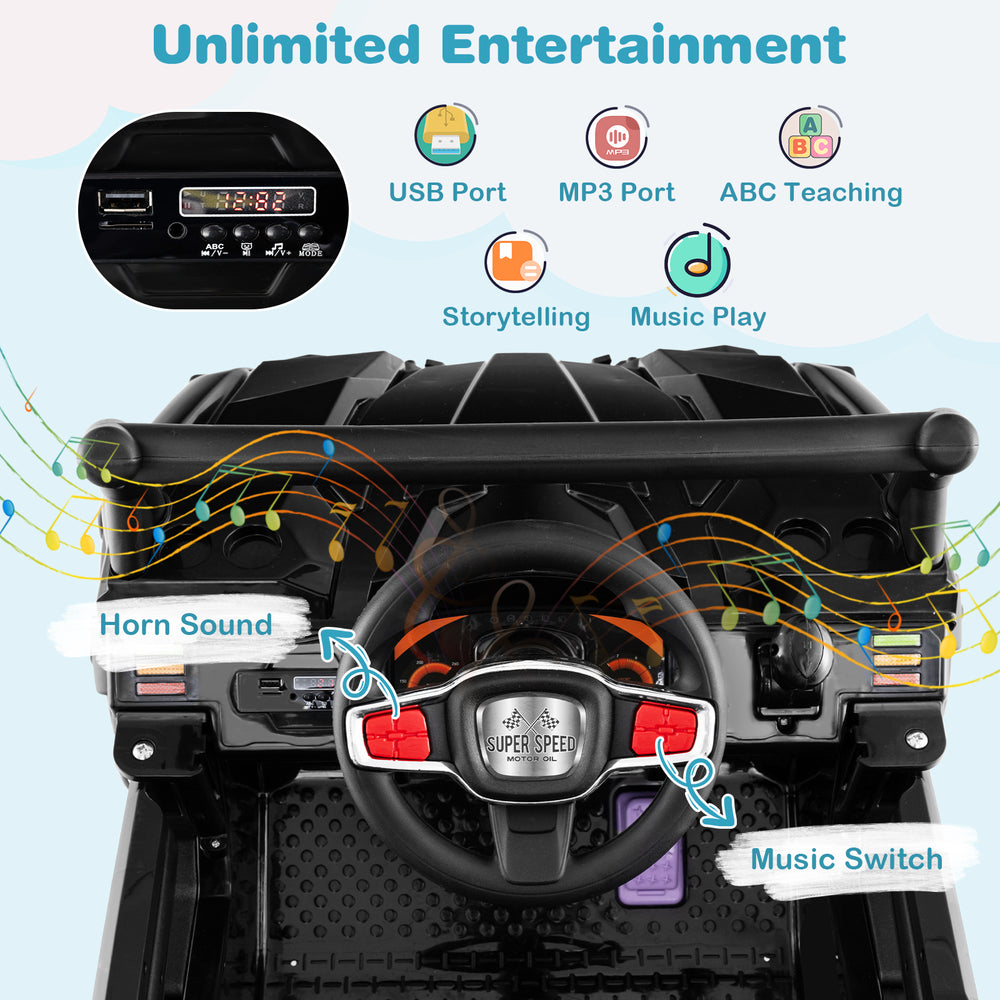 Steering wheel of a 12V battery-powered electric vehicle with music switch and horn sound buttons for kids'.