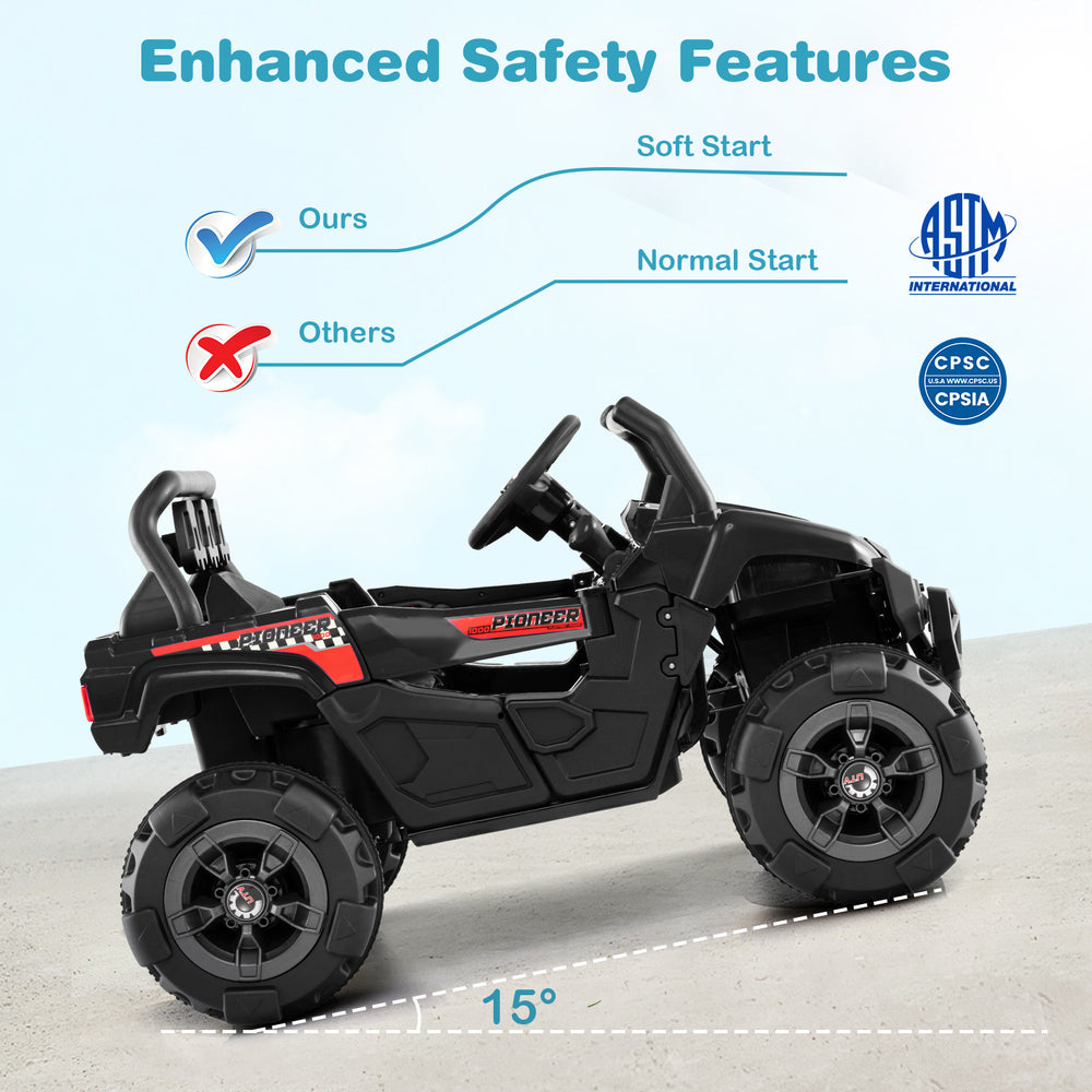 12V battery powered electric vehicle in black with remote control, featuring soft start and enhanced safety for kids.