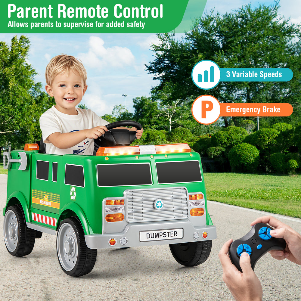 Kids' 12V battery-powered electric vehicle in green with remote control, trash bin, and safety features for outdoor fun.