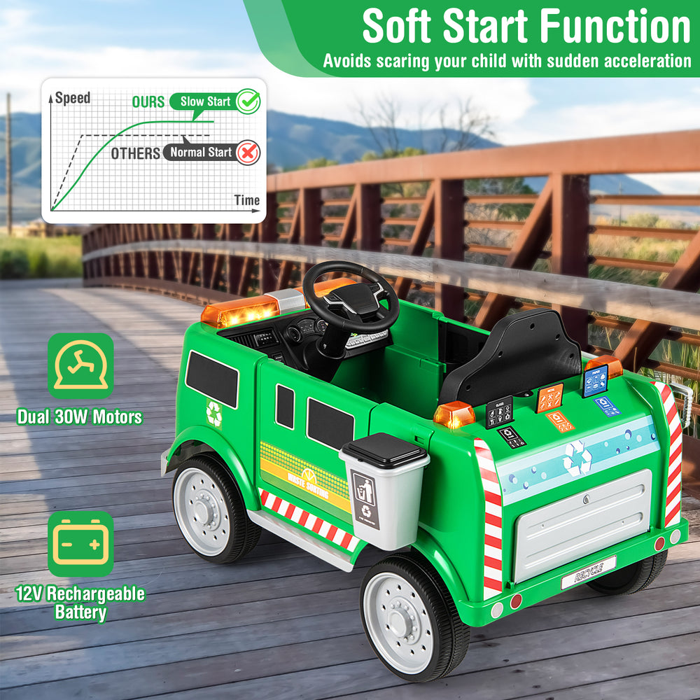 Green 12V battery-powered electric vehicle with remote control, trash bin, and soft start function for safe play.