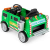 Battery-powered green electric vehicle with remote control, trash bin, and interactive features for kids' play.