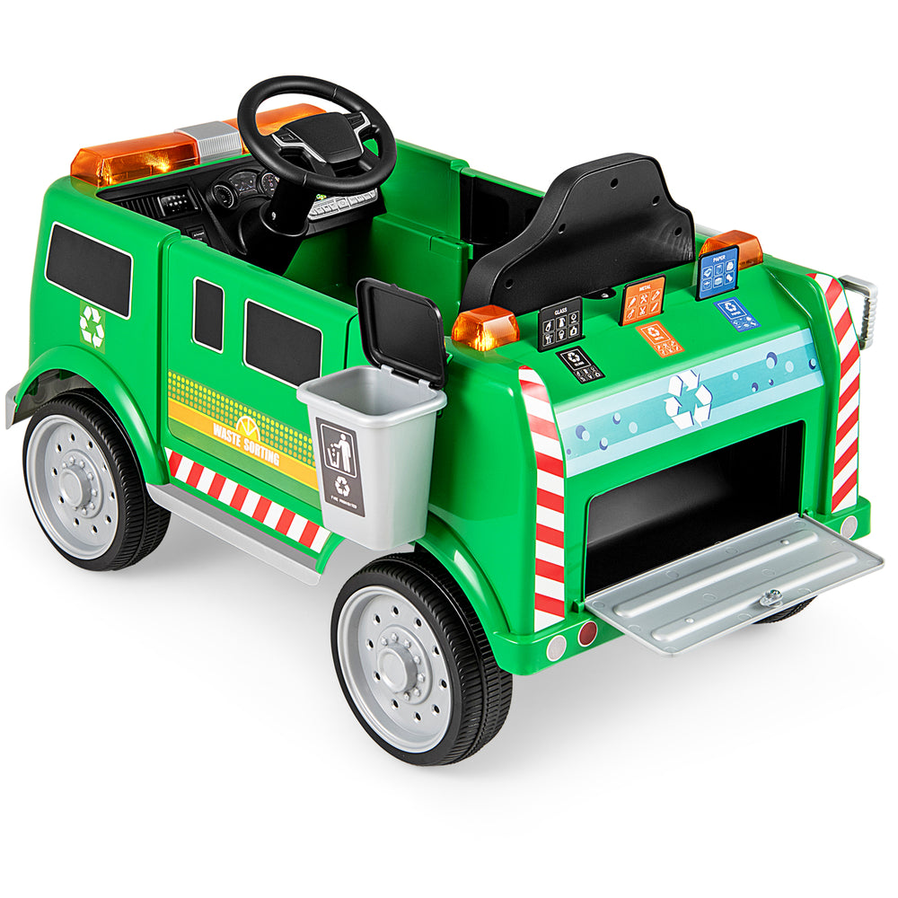Battery-powered green electric vehicle with remote control, trash bin, and interactive features for kids' play.