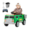 Battery-powered green electric vehicle for kids with remote control, trash bin, and shovel for eco-friendly play.