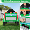 Kids' electric vehicle in green with trash bin for sorting and recycling, featuring remote control and safety features.