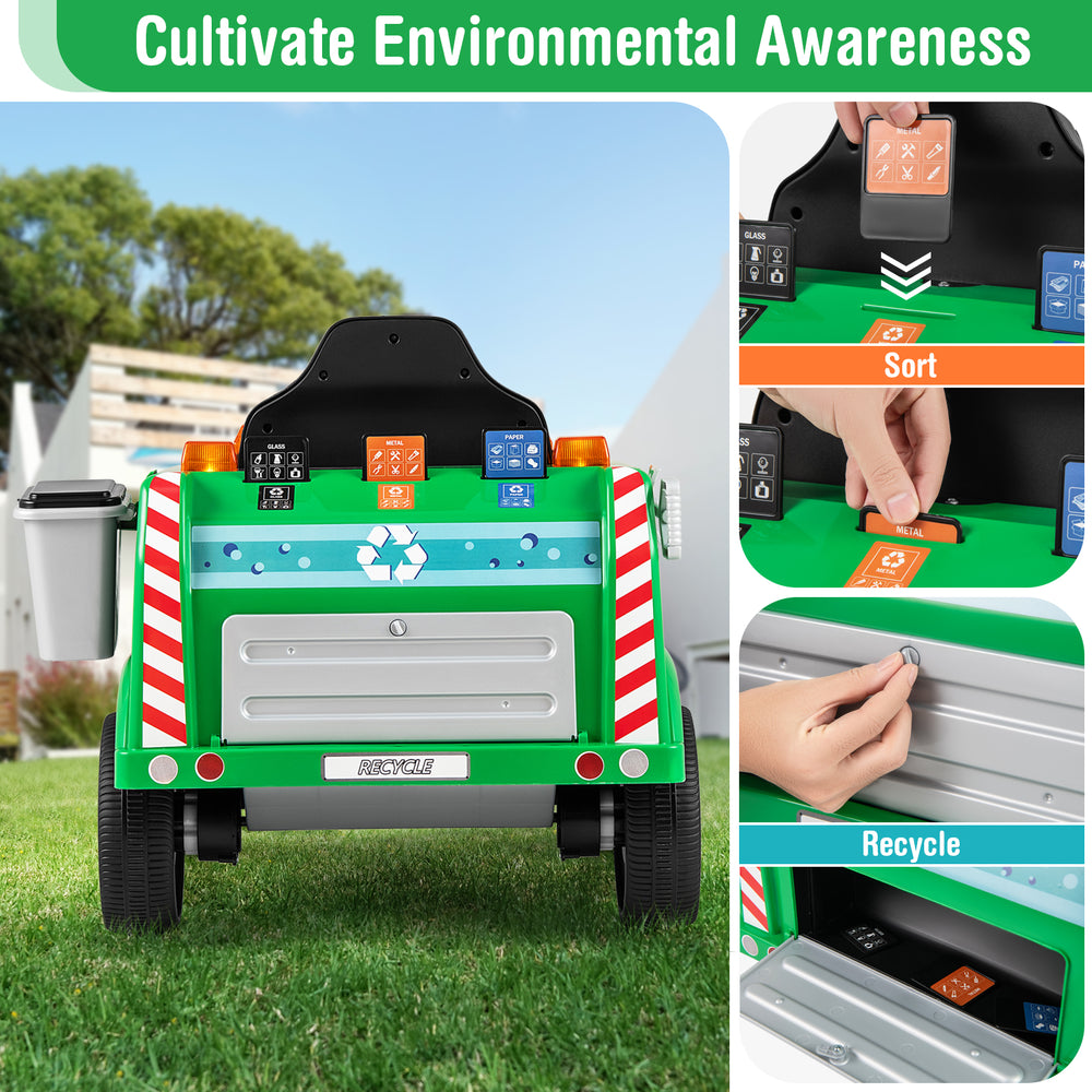 Kids' electric vehicle in green with trash bin for sorting and recycling, featuring remote control and safety features.