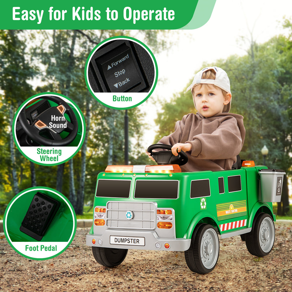 Kids' electric vehicle in green with steering wheel, foot pedal, and trash bin for fun, eco-friendly play.
