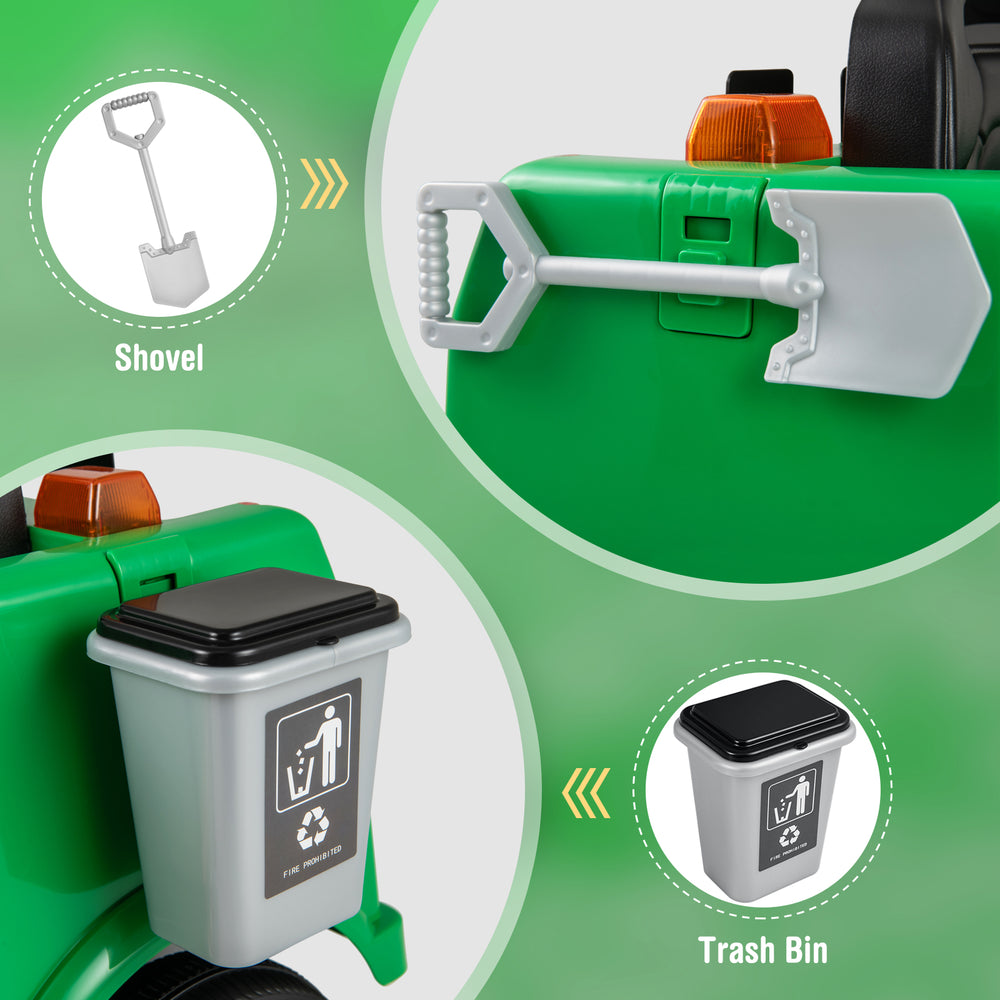 Shovel and trash bin attached to the 12V battery-powered electric vehicle for kids, promoting recycling play.