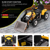 Kids ride-on excavator in yellow with adjustable bucket, slow start function, and spacious seat for safe outdoor fun.