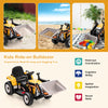 Kids ride-on bulldozer in yellow with adjustable arm and bucket, promoting hand-eye coordination and motor skills.