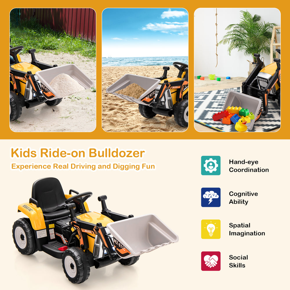 Kids ride-on bulldozer in yellow with adjustable arm and bucket, promoting hand-eye coordination and motor skills.