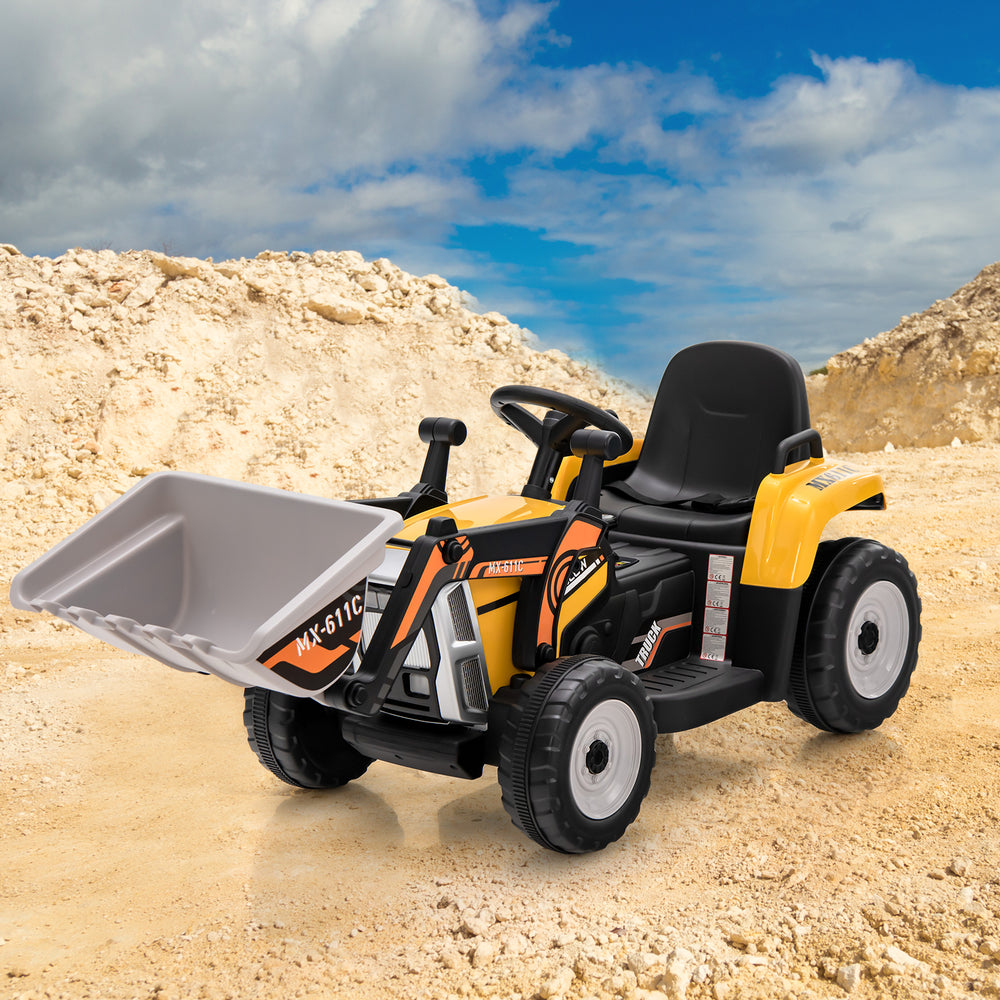 Kids ride-on excavator in yellow with adjustable bucket, designed for smooth riding on various surfaces and fun.