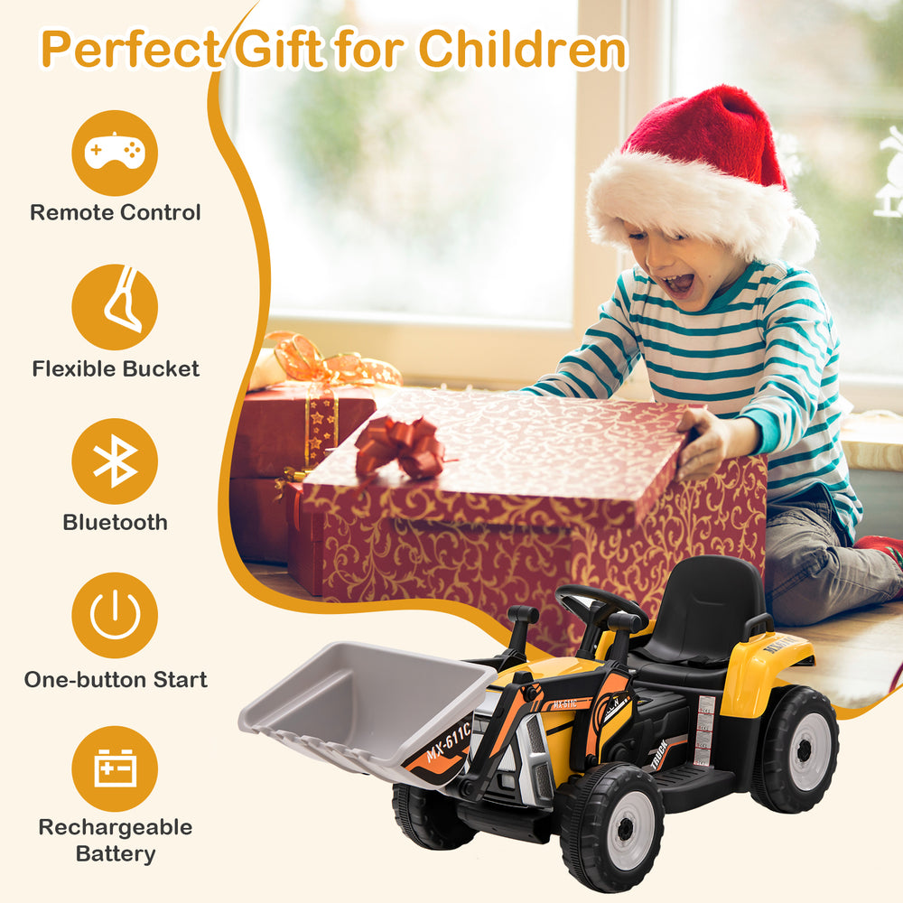 Kids ride-on excavator in yellow with adjustable bucket, remote control, and rechargeable battery for outdoor fun.