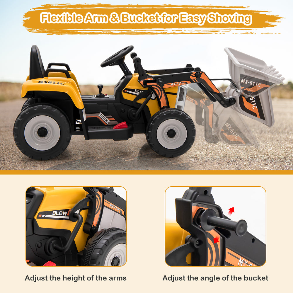 Yellow 12V kids ride-on excavator with adjustable arm and bucket, designed for fun and safe outdoor play.