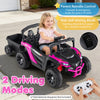 Battery-powered ride-on tractor in black and pink with parent remote control and detachable trailer for kids' fun.