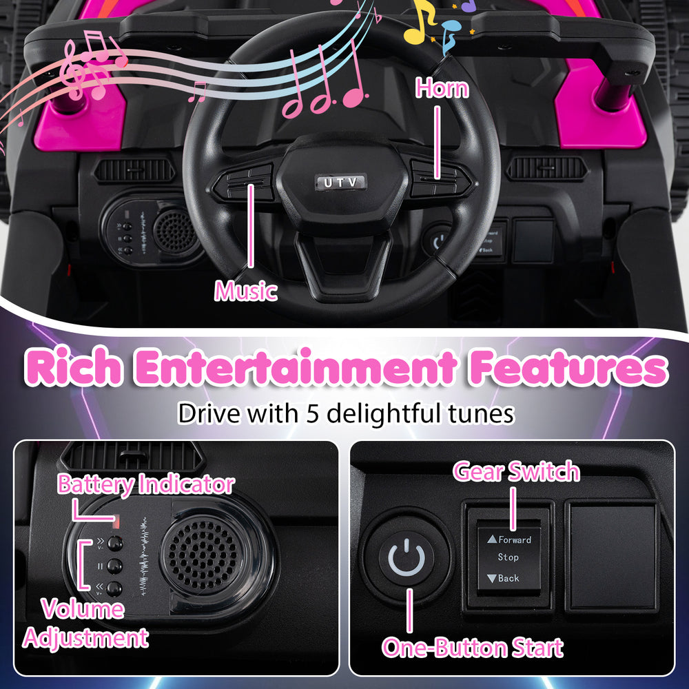 Dashboard view of the 12V battery powered ride-on tractor featuring music controls, gear switch, and battery indicator.