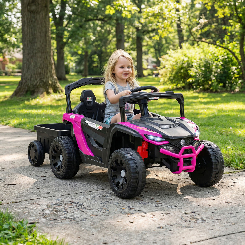 Battery-powered ride-on tractor in black and pink, featuring a parent remote control and detachable trailer for kids'.