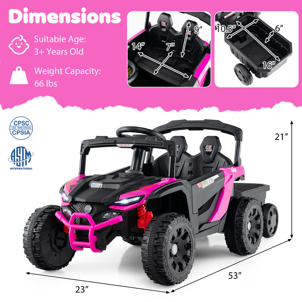 Battery-powered ride-on tractor in black and pink with parent remote control, suitable for kids aged 3+, dimensions.