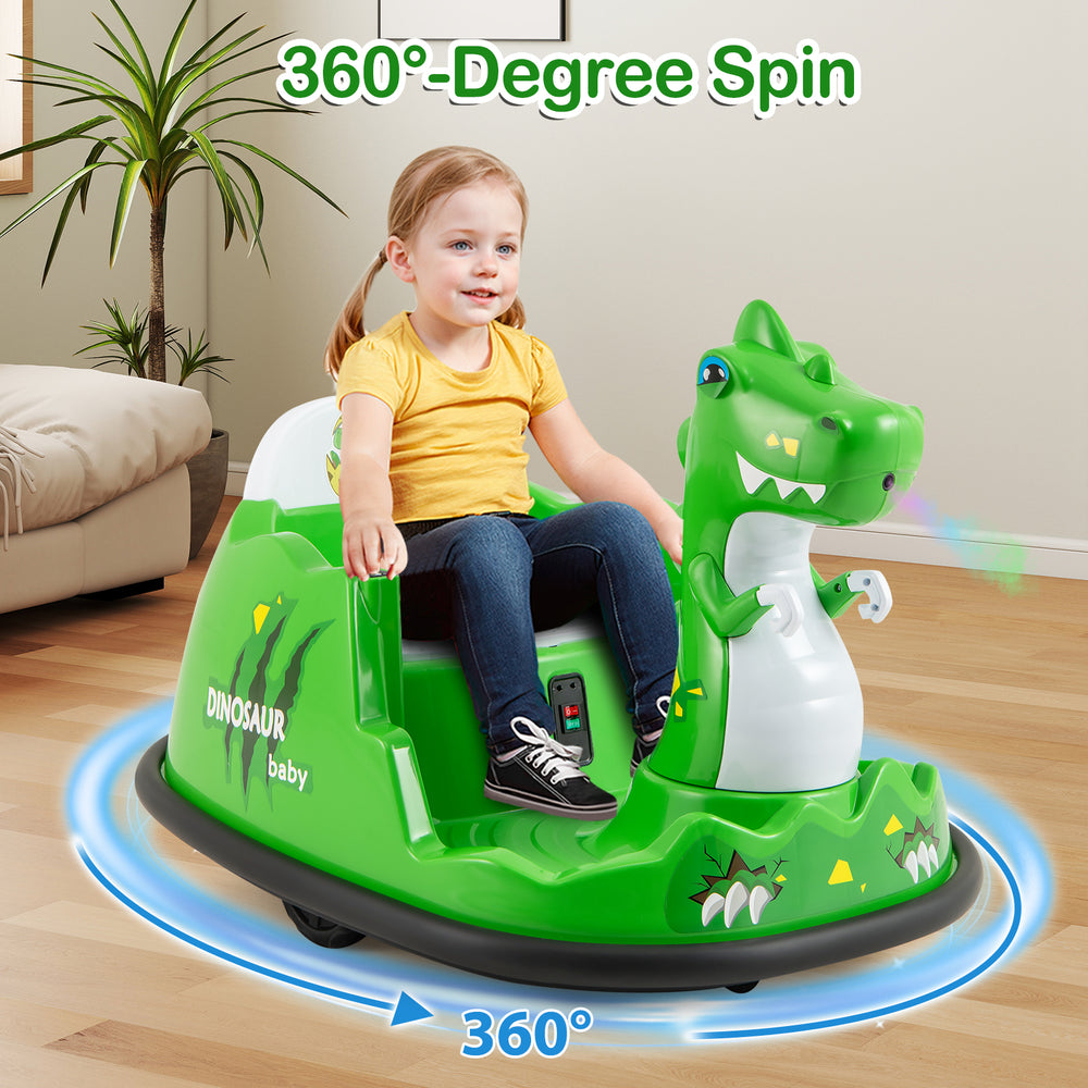 Green 12V bumper car for toddlers with dinosaur design, featuring 360-degree spin, spray function, and remote control.