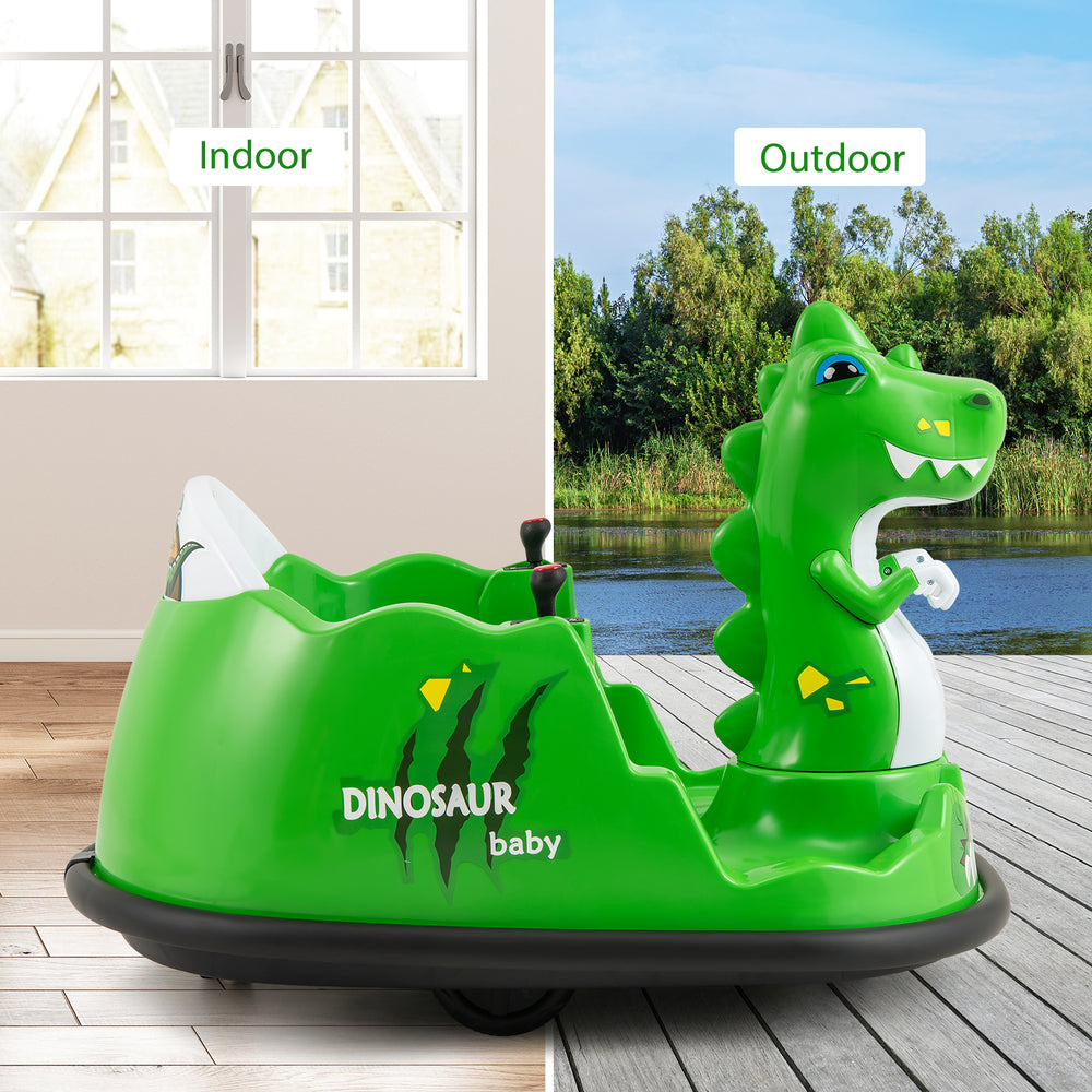 Green dinosaur-themed 12V bumper car for toddlers, featuring spray function, remote control, and safety belt for indoor.