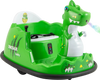Green dinosaur-themed 12V bumper car with spray function, remote control, and safety features for toddlers aged 2-5.