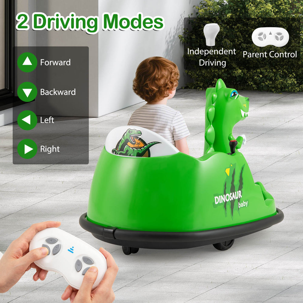 Green 12V bumper car for toddlers with dinosaur design, featuring remote control, spray function, and safety belt.