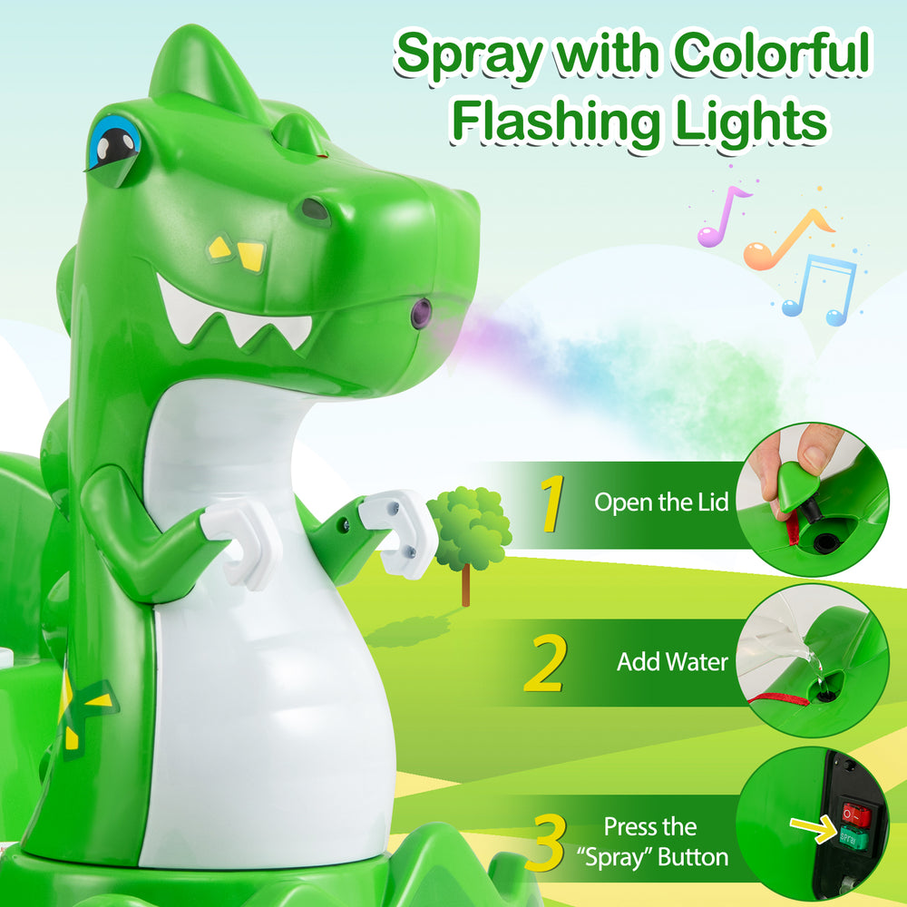 Colorful dinosaur bumper car with spray function, remote control, and safety features for toddlers aged 2-5.