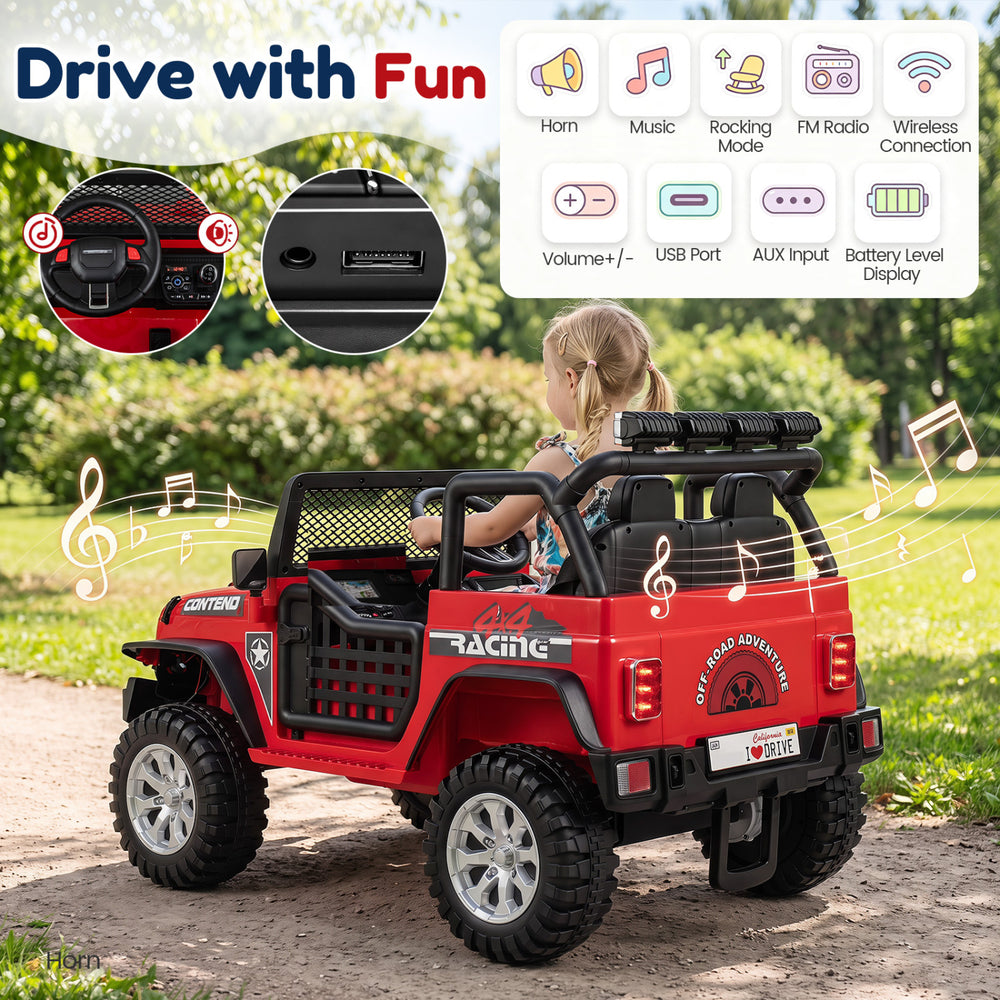 Red 12V electric kids ride-on car with dual motors, remote control, and spacious 2-seater design for outdoor fun.