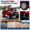 Red 12V electric kids ride-on car with parent remote control, featuring 4 anti-slip wheels for smooth driving on various terrains.