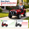 Red 12V electric 2-seater kids ride-on car with remote control, featuring slow start for enhanced safety and smooth driving.