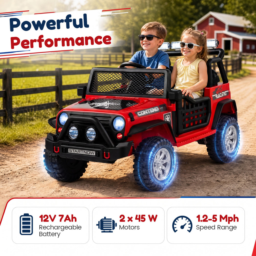 Red 12V electric 2-seater kids ride-on car with remote control, safety features, and LED lights for outdoor fun.