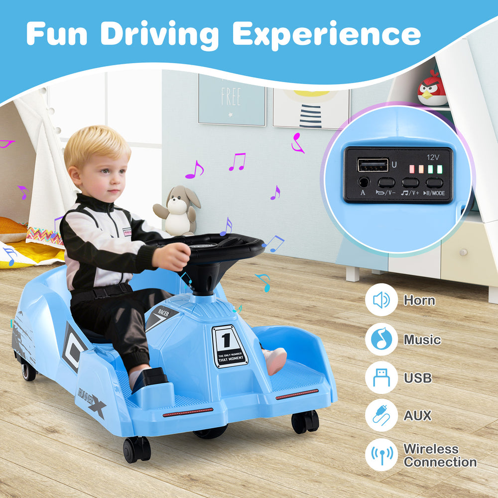 Blue 12V Electric Cleaning Go Kart with detachable mop, remote control, and music features for kids aged 2-5 years.
