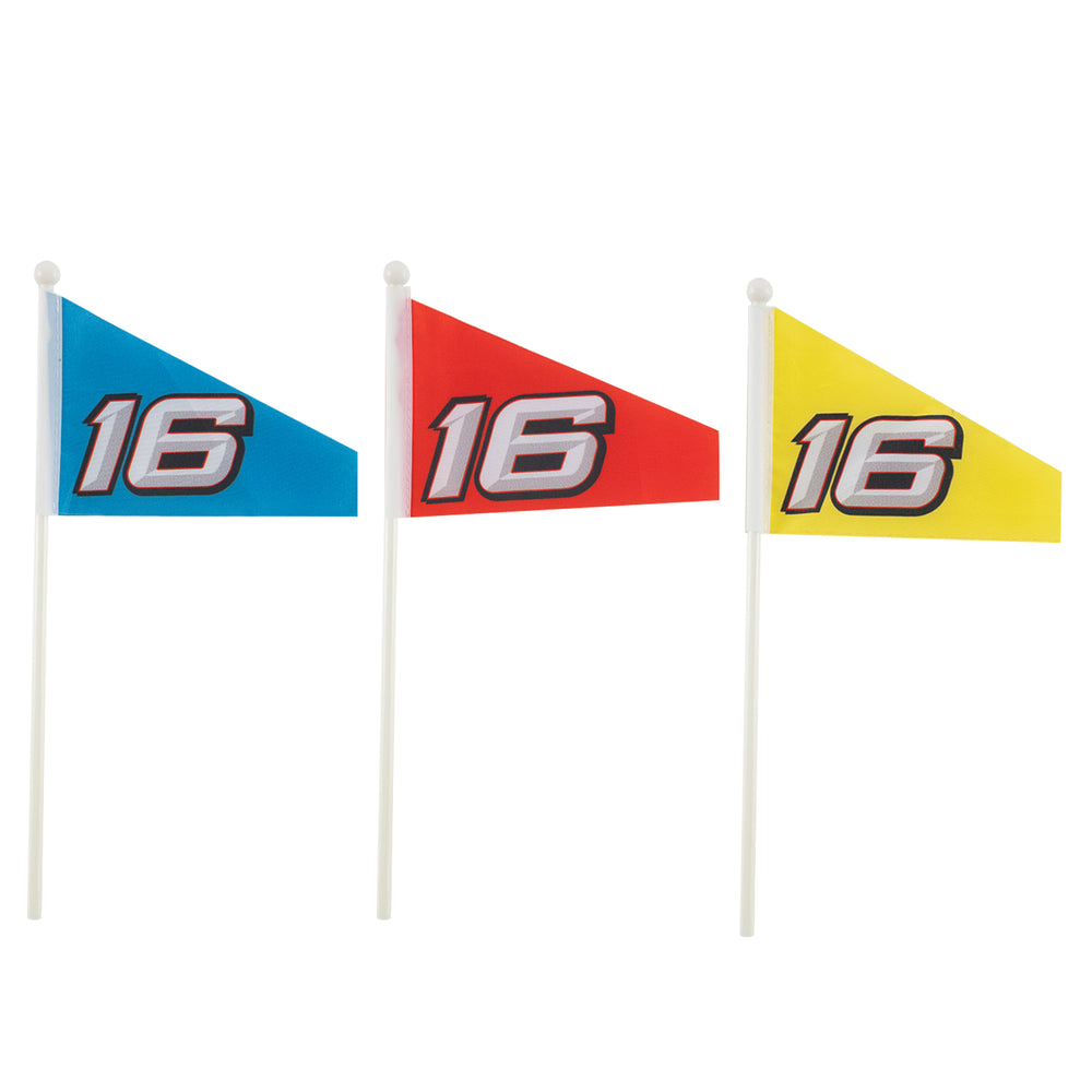 Set of three colorful flags in blue, red, and yellow for the 12V Electric Go Kart for Kids, enhancing playtime fun.