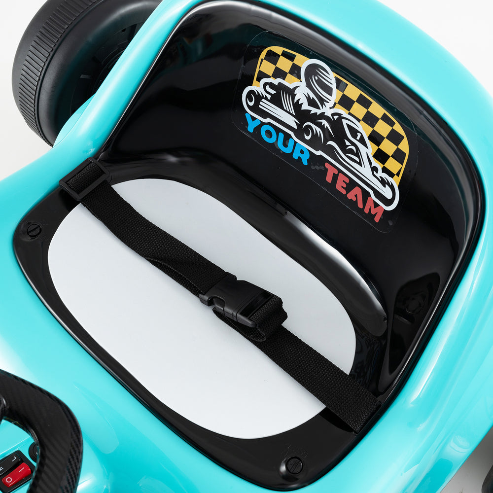 Top view of the blue 12V electric go-kart seat with safety belt, designed for kids' racing fun and remote control.
